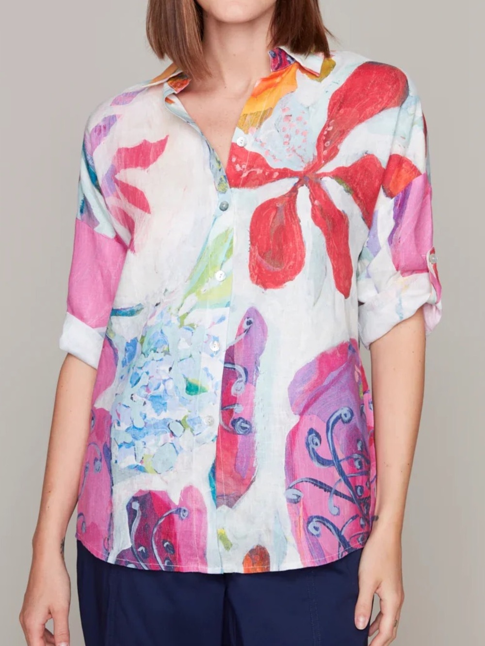 Claire Desjardins Smattering of Spring Blouse Women’s Size XL Button Front Art